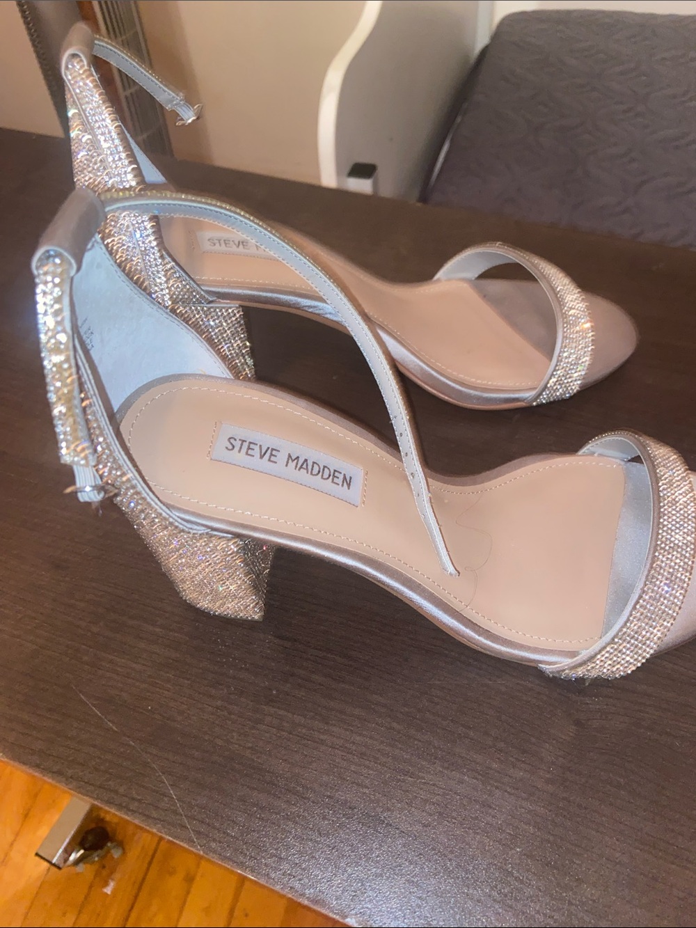 Steve Madden Silver Glitter Block Heel Sandals with Ankle Strap. For large feet.